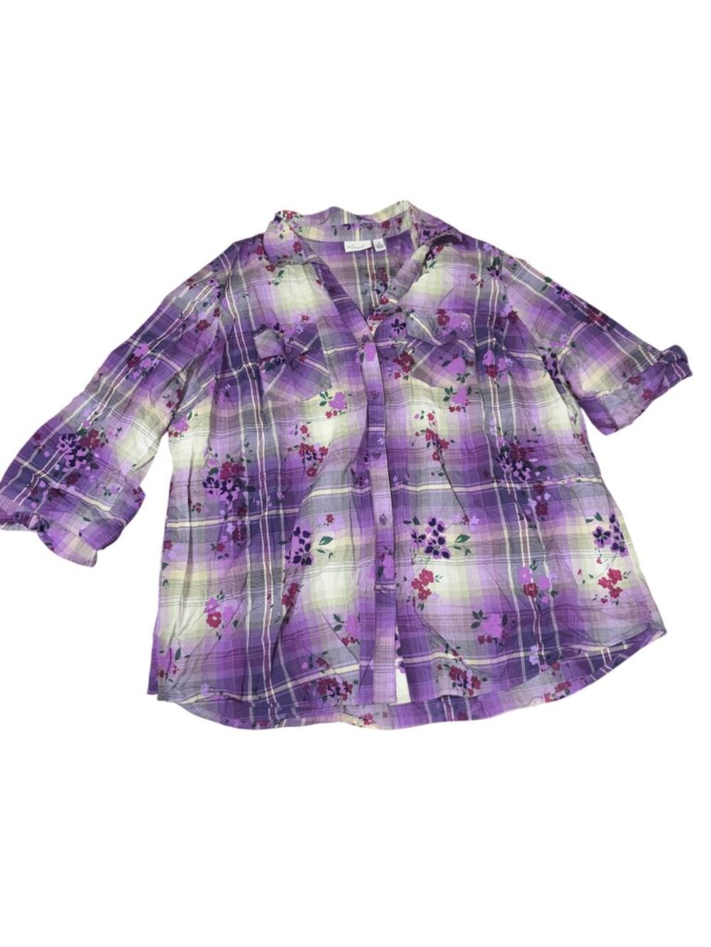 Kim Rogers 2X Purple Plaid Button up Roll Tab Shirt